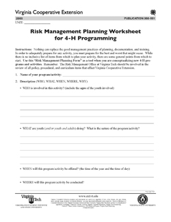 Cover, Risk Management Planning Worksheet for 4-H Programming JPG