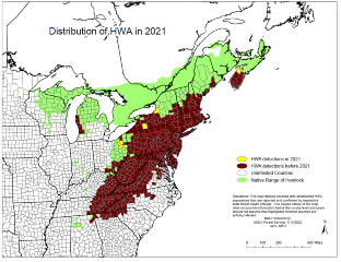 a map of current range of hemlock woolly adelgid in the eastern United States and parts of Canada