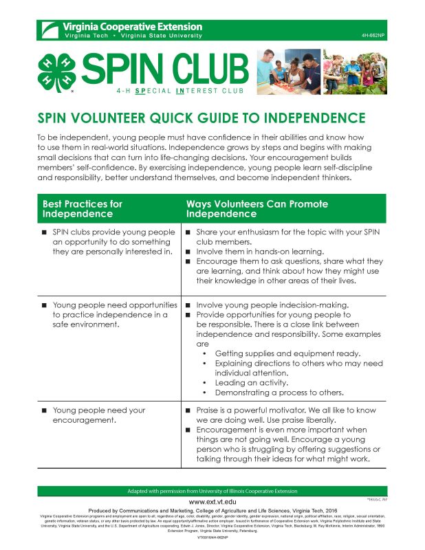 Cover of SPIN Volunteer Quick Guide to Independence