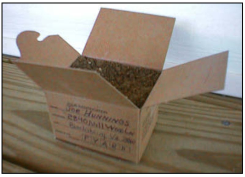 A box full of soil labeled with the name, address, and sample identification.
