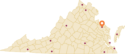 Virginia map with a network of 11 center and indicating the location of The Eastern Virginia AREC