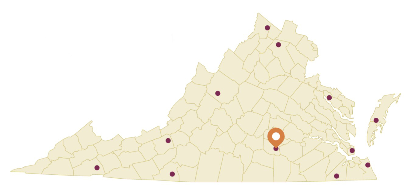 A map of Virginia with the Southern Piedmont AREC location identified.