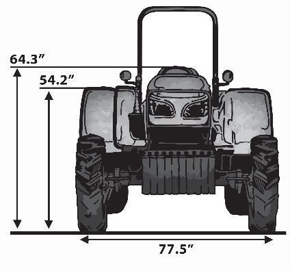 This is a diagram of a low profile tractor with roll over protection structure (ROPS) that would be used in Vineyards. The tractor has a width of 77.5 inches and seating height if 54.2 inches and top of seat at 64.3 inches. The diagram was developed by the Kubota company.