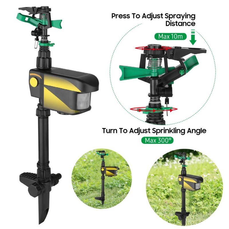 This device adjusts for both height and direction of the spray stream. It includes an adjustable rotating irrigation spray head, a hose connection, a motion detector, and an actuator to turn the device on and off.