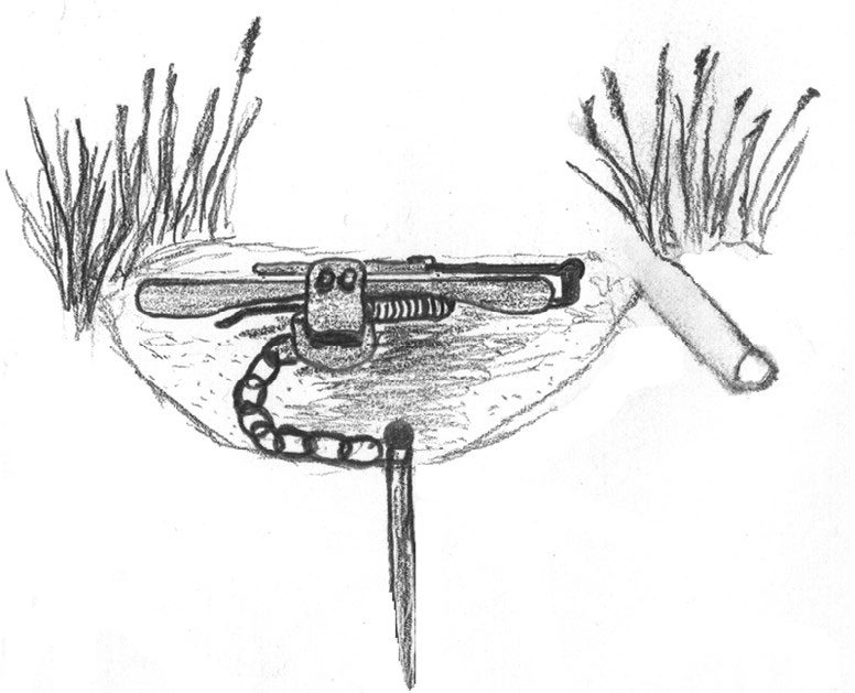 A black and white illustration of a foothold trap buried just under the ground attached with a chain to a stake pounded deep underneath it.