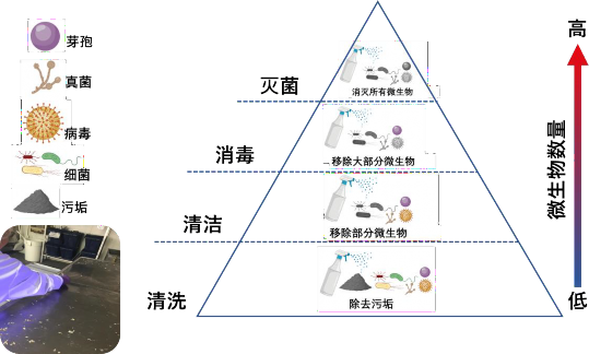 金字塔图表阐述了清洗（最弱），清洁，消毒，灭菌（最强）对于微生物的强弱作用