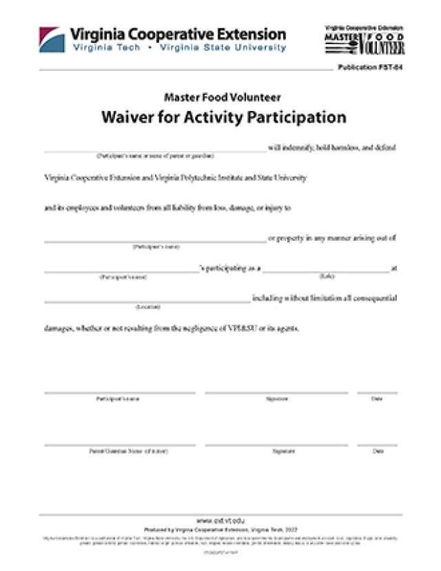 Master Food Volunteer Waiver for Activity Participation PDF