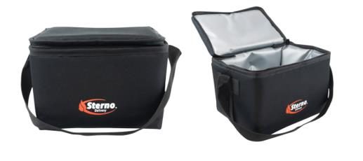 A photograph of two black fabric insulated carriers with shoulder straps and tops that zipper open. The lid of the carrier on the right is open, the left is closed. There is a Sterno logo on the carriers.