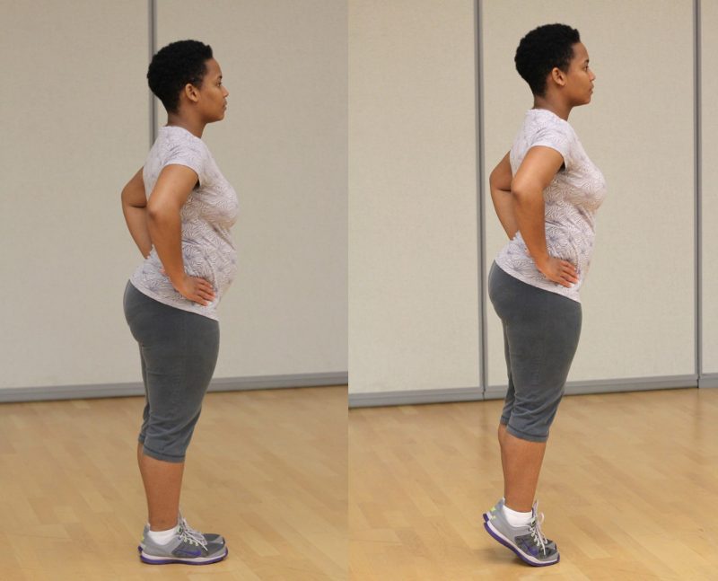 two images showing a girl standing tall with her feet hip-width apart. on the other image she lift her body by pushing into the fronts of her feet and putting both hands on her hips.