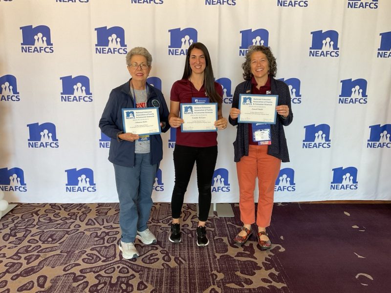 Johanna Hahn (former FNP Trainer), Camille McGuire (FNP Curriculum Specialist), and Jeanell Smith (SNAP-Ed Extension Agent) at the NEAFCS awards ceremony.