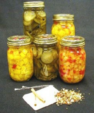 a display of pickled products in jars