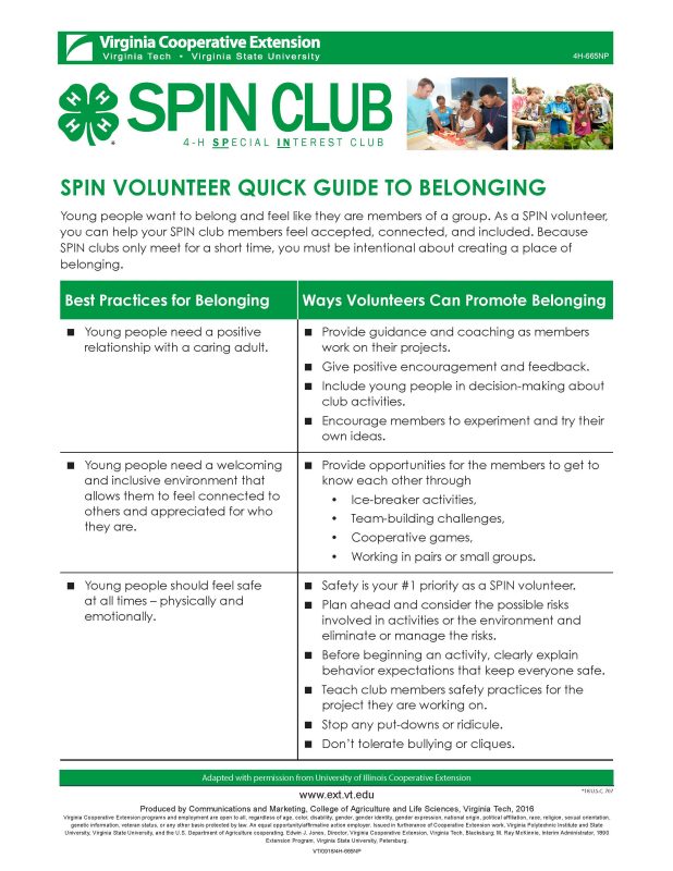 Cover of SPIN Volunteer Quick Guide to Belonging