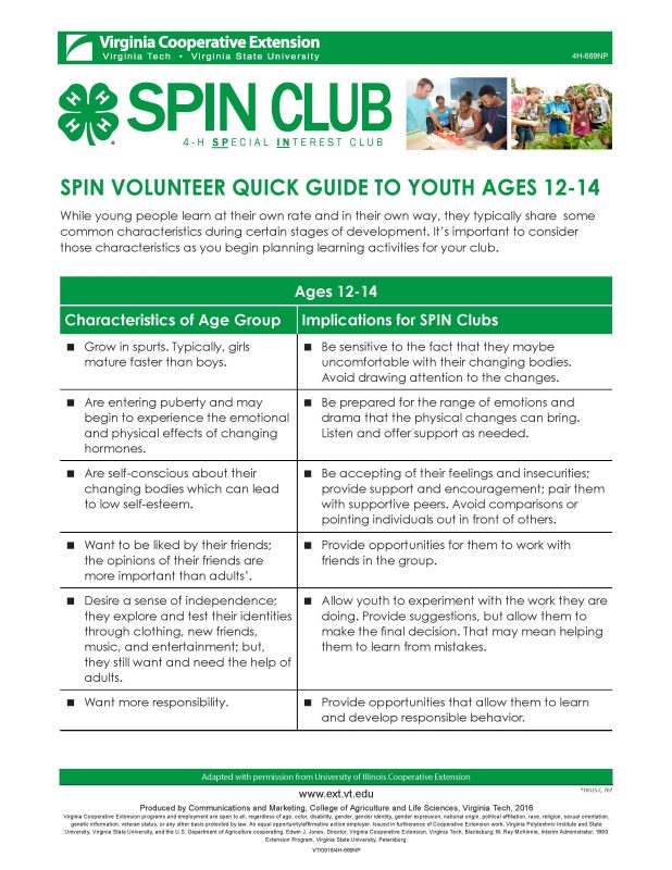 Cover of SPIN Volunteer Quick Guide to Youth Ages 12-14