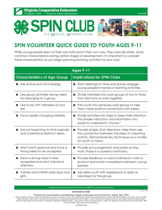 Cover of SPIN Volunteer Quick Guide to Youth Ages 9-11