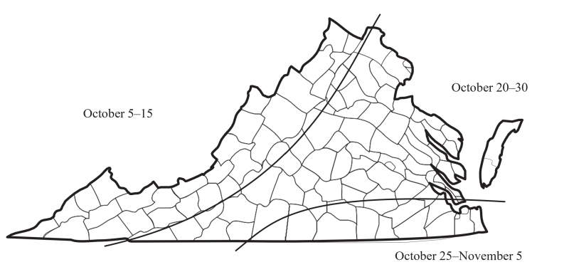 Suggested winter bread-wheat planting dates for Virginia showing on the map as zones