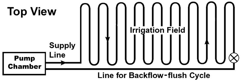 Filtered effluent is pumped from a chamber into a trickle irrigation system of 1/2 inch drip tubing with emitters spaced at 1- to 2-foot intervals, slightly below the surface on contour and spaced at minimum 2-foot centers. A backflow-flush cycle periodically clears any particles that accumulate within the tubing