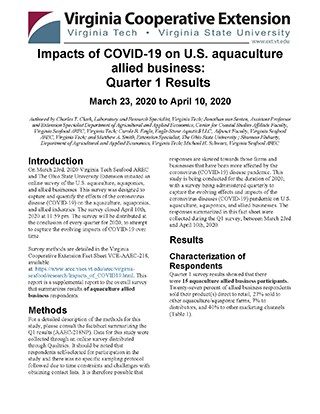 Cover for publication: Impacts of COVID-19 on U.S. aquaculture allied business: Quarter 1 Results