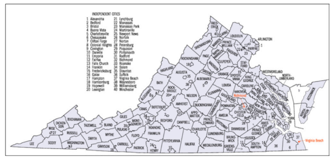 Virginia map illustrating counties and independent cities