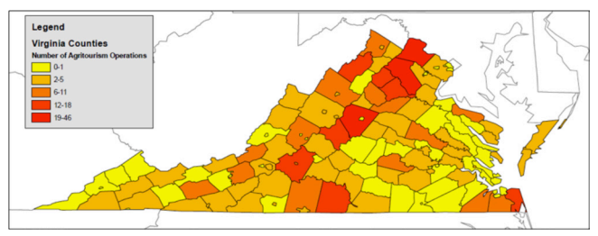 Virginia map illustrating the distribution of agritourism operations, categorized by varying shades of yellow, orange, and red to represent different levels of density.