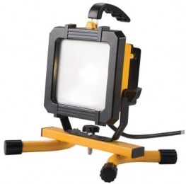 A yellow LED work light on a stand. The worklight also has a handle on top.