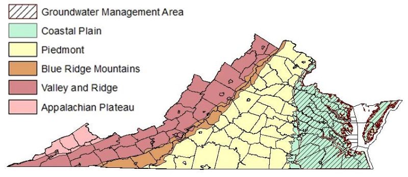 Map of Virginia showing pink - Appalachian plateau, red - valley and ridge, orange - blue ridge mountains, yellow - piedmont,  green with banded black lines - groundwater management area.