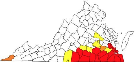Figure 1, A map of Virginia indicating the current fire ant quarantine in 2024. Locations with fire ants outside of the quarantine are also included.