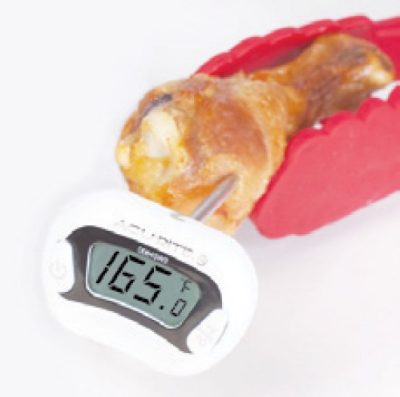 Chicken drumstick with a thermometer in it showing 165 degrees Fahrenheit