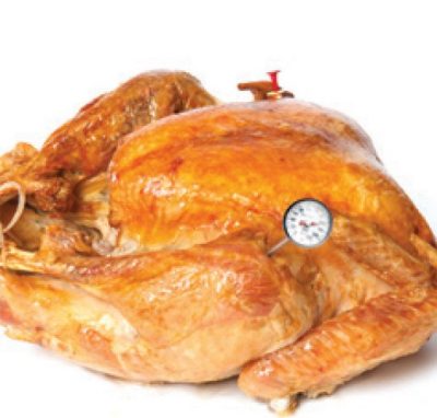 A whole roasted chicken with thermometer in it