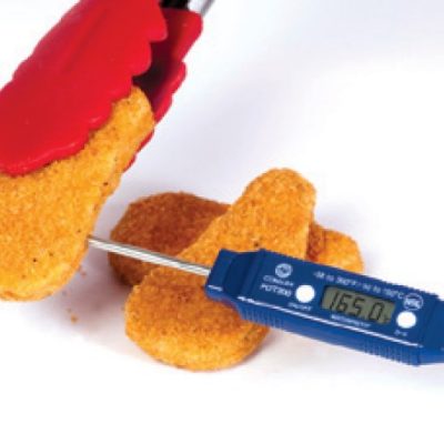 Chicken nuggets with thermometer showing 165 degrees Fahrenheit