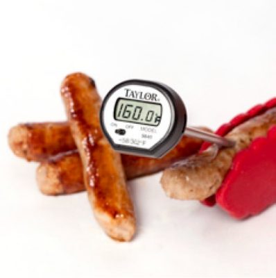 Sausage with a thermometer showing 160 degrees Fahrenheit