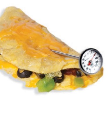 Taco topped with cheese and a thermometer in it