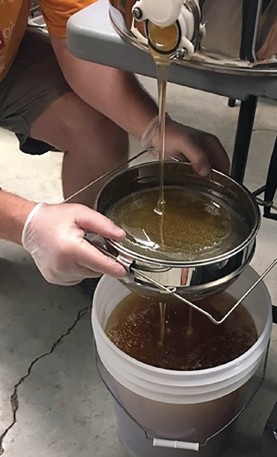 a photo of a person filtering raw honey