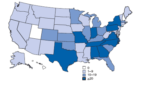 The case count map illustrating the state locations of ill individuals across the United States from the U.S. Centers for Disease Control and Prevention due to consuming contaminated peanut butter products.