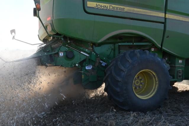 The Integrated Harrington Seed Destructor (iHSD) mounted to a John Deere combine.