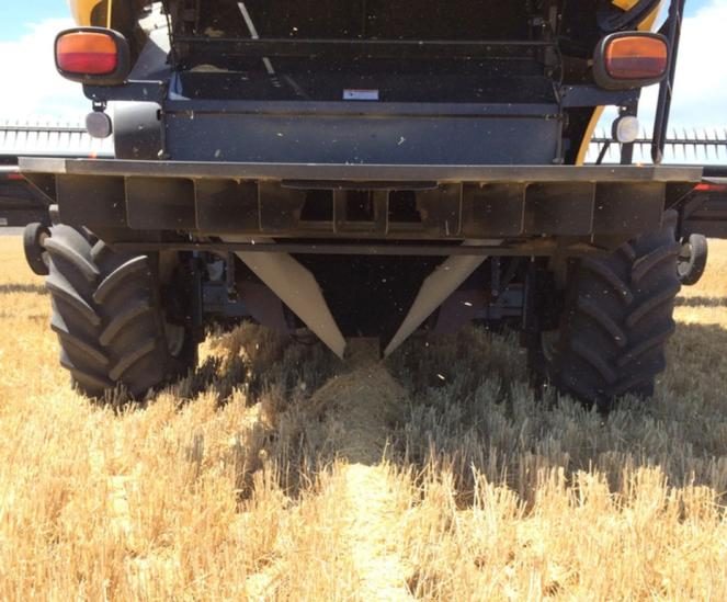 Combine modified for chaff lining, showing chaff material exiting the combine being deposited in a narrow row or chaff line.