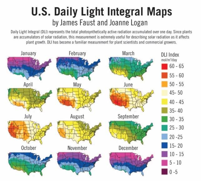 Figure 7. Daily light integral (DLI) maps estimate the average photosynthetically active light accumulated during each month of the year.