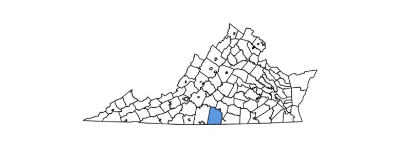 Map of Virginia, with Halifax county highlighted red.
