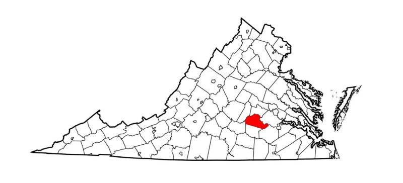 Map of Virginia showing location of Amelia County