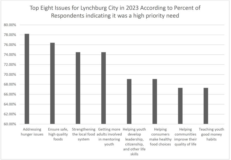 Graph of Top Eight Issues for Lynchburg City in 2023 According to Percent of Respondents indicating it was a high priority need