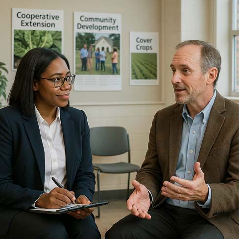 Two people sitting in an Extension office talking